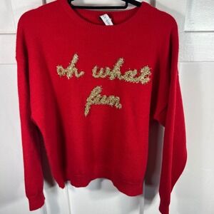 Grace + Karma Red Oh What Fun Gold Tinsel Script Holiday Sweater Womens Medium